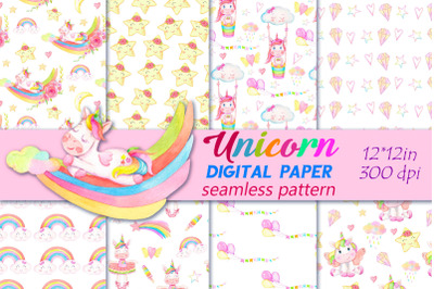 Watercolor unicorn seamless pattern Bundle | Animal paper.