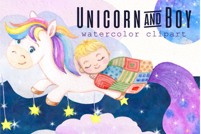Watercolor Unicorn Png clipart | Cute boy and unicorn print.