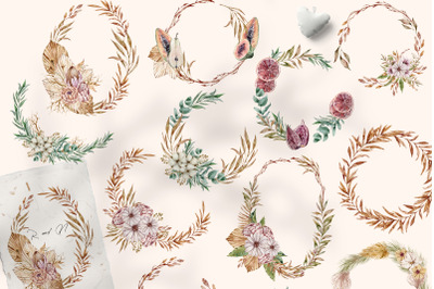 Watercolor boho wedding floral wreaths clipart- 17 png files