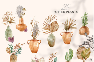 Watercolor boho potted plants clipart- 25 png files