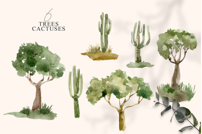 Watercolor succulents and trees clipart- 6 png files
