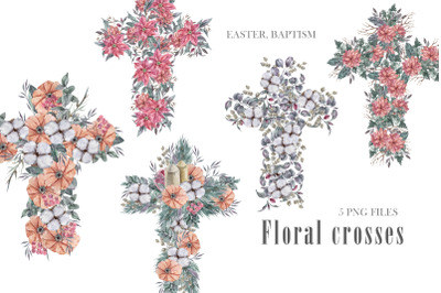 Watercolor Easter floral crosses clipart- 5 png files