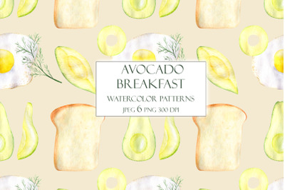 Avocado breakfast watercolor seamless patterns