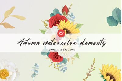 12 Autumn watercolor elements of sunflower dahlia and roses
