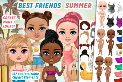 Best Friends Chibi Clipart, Summer, Customizable, Cute Fashion Girl, C