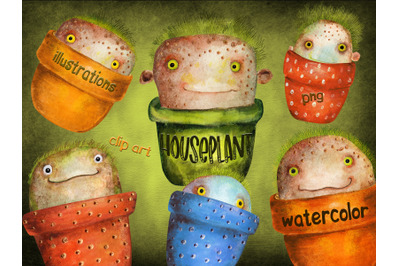 Illustrations of funny potted plants painted with watercolor