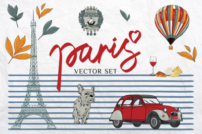 Symbols of Paris, France. Vector set