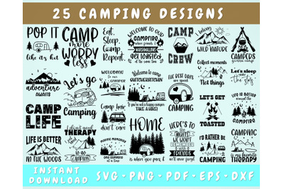 Camping SVG Bundle, 25 Designs, Camp Life SVG, Camping Quotes SVG, Camping Sayings SVG Cut Files For Cricut, Silhouette