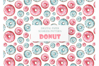 Donut digital paper, seamless pattern. Pink donut. Blue donut. Baking