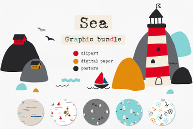 Sea graphic bundle, Nautical clipart