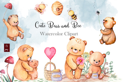 Cute Bear and Bee Watercolor Clipart