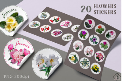 Set of round stickers&2F;labels with flowers.