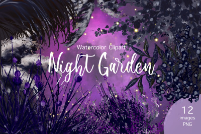 Watercolor Indigo Blue Garden Clipart, Night Flower Clipart