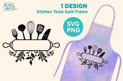 Kitchen Tools Split Frame with Flora SVG, Cooking Tools Clipart
