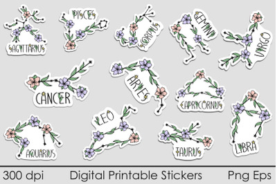 Floral zodiac printables stickers bundle, Flowers horoscope png