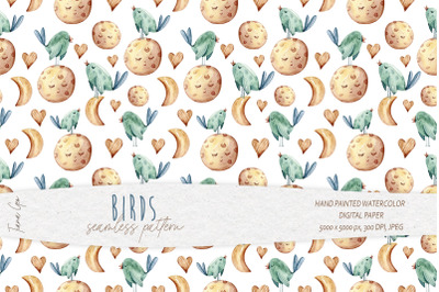 Cute birds and moon seamless pattern / Digital paper- 1 file