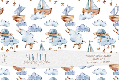 Cute ship and sheep seamless pattern / Digital paper- 1 file