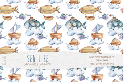 Cute ship and submarine seamless pattern - 1 JPEG file