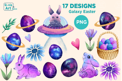 Galaxy Style Easter Day Illustration Bundle, Rabbit Clipart