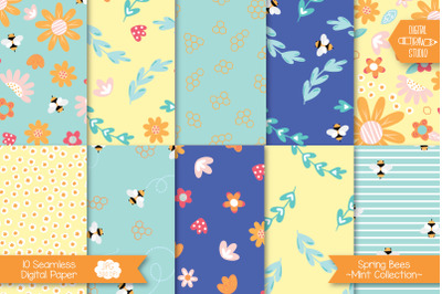 Spring Flowers &amp; Bees Digital Paper | Seamless Background Pattern