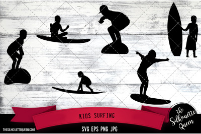 Kids Surfing Silhouette Vector |Kids Surfing SVG | Clipart | Graphic