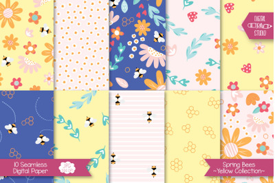 Spring Flowers &amp; Bees Digital Paper | Seamless Background Pattern