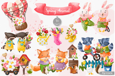 Cute Animal &amp; Spring seasonal watercolor clip-art