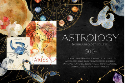 ASTROLOGY watercolor &amp; line art zodiac collection