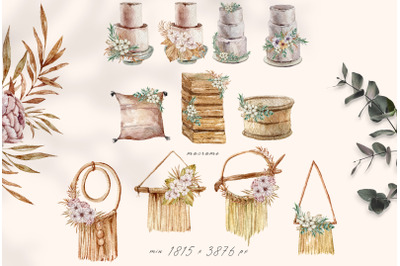 Watercolor boho wedding floral decor clipart - 11 png files