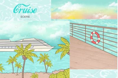 Cruise Ship Clipart | Tropical Beach Landscape