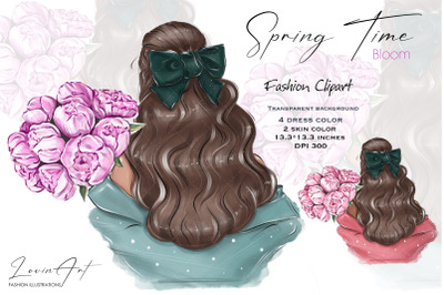 Spring Girl Clipart, Woman with Flowers png, Bouquet of Peonies