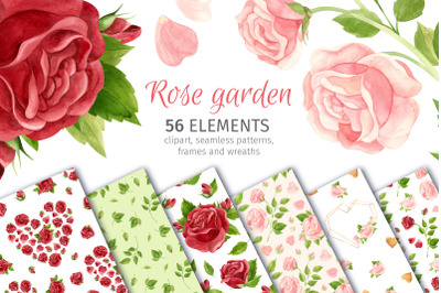 Watercolor pink and red roses - clipart, botanical seamless patterns,