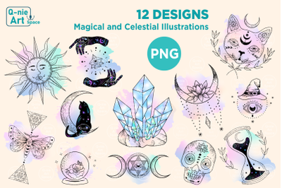 Magical and Celestial Clipart Bundle, Mystical Illustration with Water
