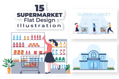 15 Supermarket Shopping Cartoon Illustration