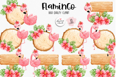 Pink flamingo with wood board clipart