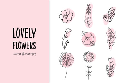 Lovely flowers vector line-art set, AI format