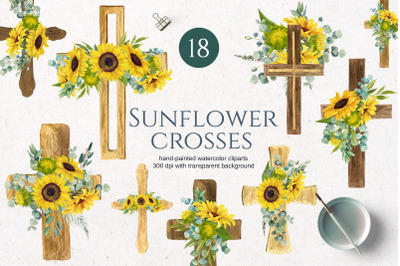 Watercolor Sunflower Easter Cross clipart/ Baptism / PNG
