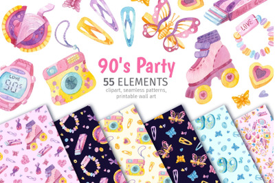 90s - Watercolor clipart, seamless patterns &amp; printable wall art for N