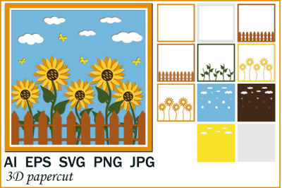 Postcard template with sunflowers, paper clipping, SVG