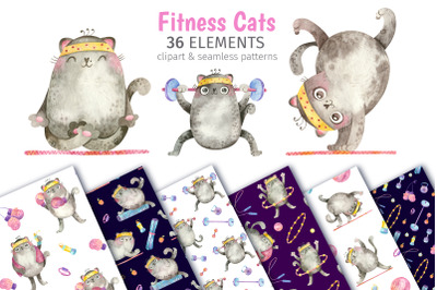Fitness &amp; Yoga Cats. Sports watercolor clipart and seamless patterns w