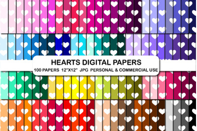 100 Rainbow Hearts Digital Papers Pack Pattern Background Set