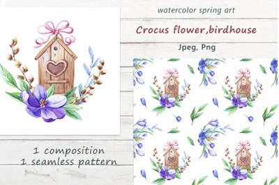 Crocus flower,birdhouse