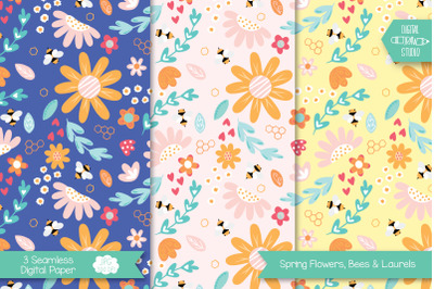 Flowers, Bees &amp; Laurels Digital Paper | Seamless Background Pattern