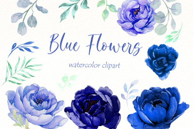 Blue Floral clipart Bundle | Watercolor Navy Blue flowers png.