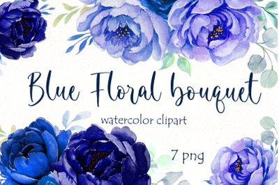 Watercolor Navy Blue bouquet clipart, Blue flowers png files.
