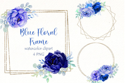 Blue Floral Frame clipart, Watercolor Navy Blue flowers png