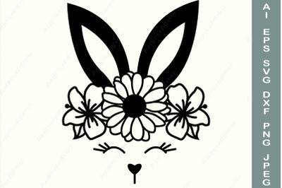 Cute bunny face with flower svg, Easter bunny ears svg