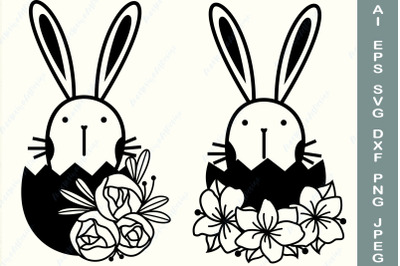 Cute easter bunny with flower svg&2C; Floral easter egg monogram svg