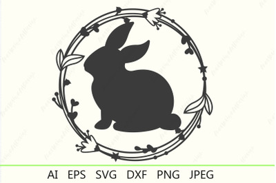 Easter circle monogram svg, Bunny and floral wreath svg