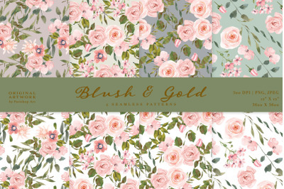 Watercolor Blush Gold Roses Seamless Patterns